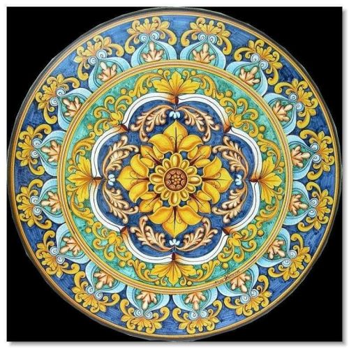 Mesa de piedra volcánica ceramizada. Barroco y Lirios. Pintada a mano. Cerámica de Vietri.