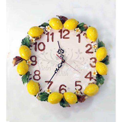 Horloge murale. Citrons en relief. Céramique de Vietri. Peinte à la main.