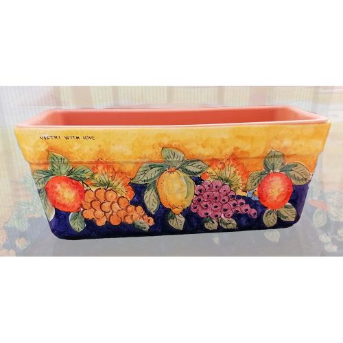 Jardinière rectangulaire. Fond jaune avec fruits et citrons. Céramique de Vietri. Peinte à la main.