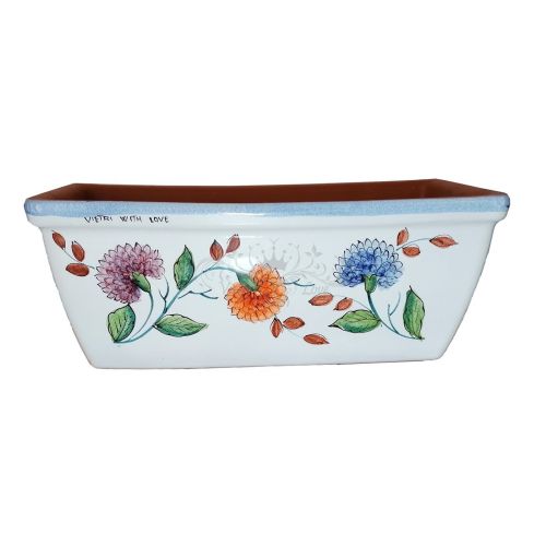 Rechteckiger Pflanzkasten. Weißer Grund mit Blumen. Vietri-Keramik. Handbemalt.