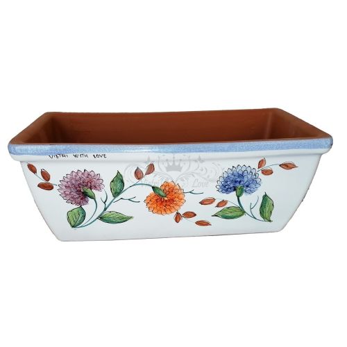 Rechteckiger Pflanzkasten. Weißer Grund mit Blumen. Vietri-Keramik. Handbemalt.
