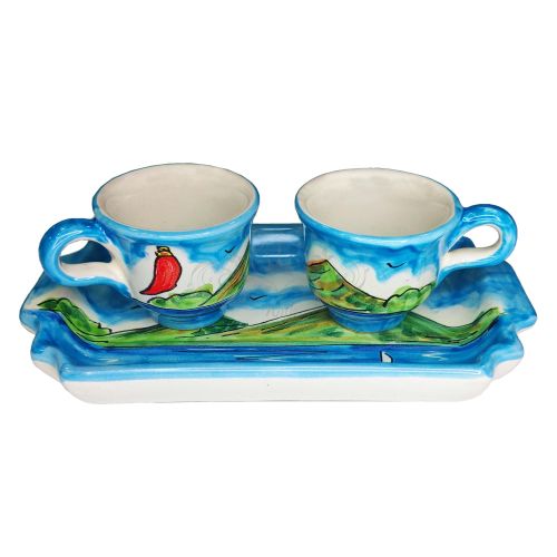 Juego de Tazas de Café y Bandeja “Tet-a-Tet” Recuerdo. Línea Nápoles. Cerámica de Vietri.