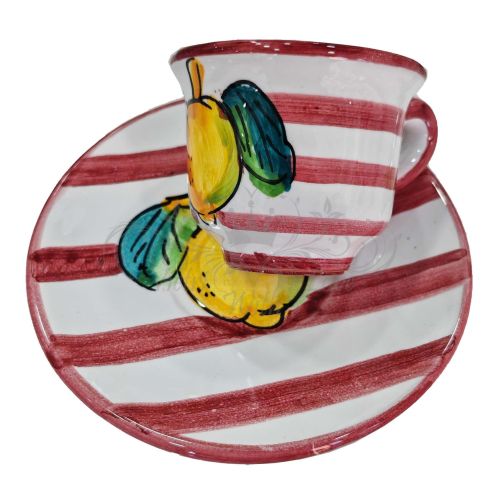 Coffee cup with saucer. Stripes and Lemons line. Vietri ceramic. Hand-painted.