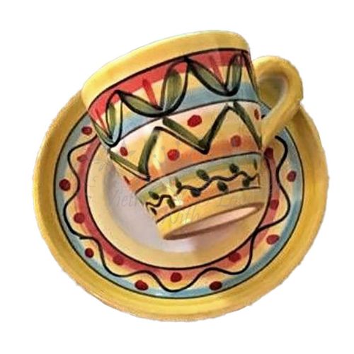 Coffee cup with saucer. Geometric line. Vietri ceramic. Hand-painted.