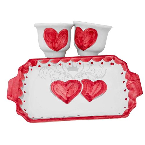 Kaffee-Tassen- und Tablett-Set „Tet-a-Tet“ Geschenk. Herzchen-Dekor. Vietri Keramik.