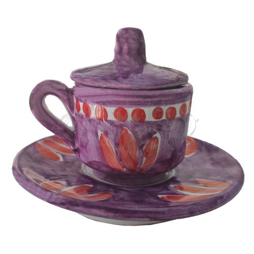 Coffee cup with saucer and lid. Brushstroke Line. Vietri ceramic. Hand-painted.