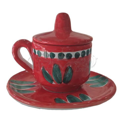 Espressotasse mit Untertasse und Deckel. Pinselstrich-Linie. Vietri-Keramik. Handbemalt.