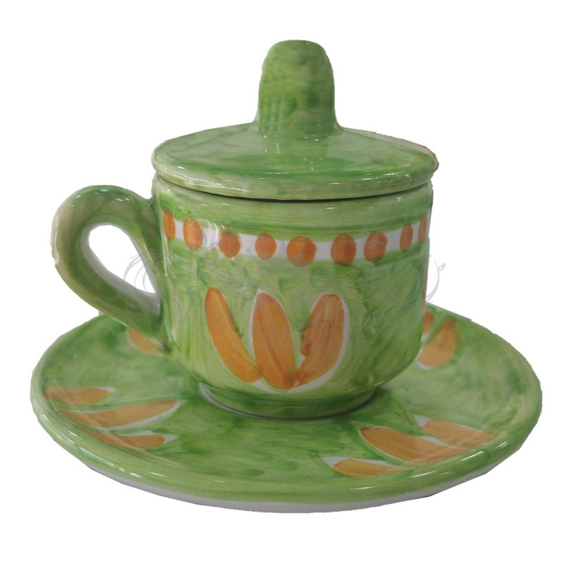 Coffee cup with saucer and lid. Brushstroke...