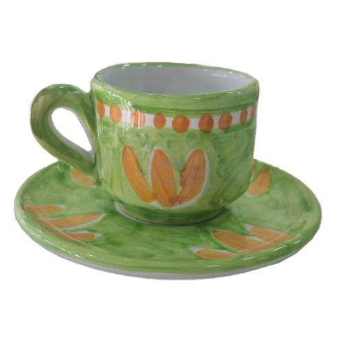 Espressotasse mit Untertasse und Deckel. Pinselstrich-Linie. Vietri-Keramik. Handbemalt.