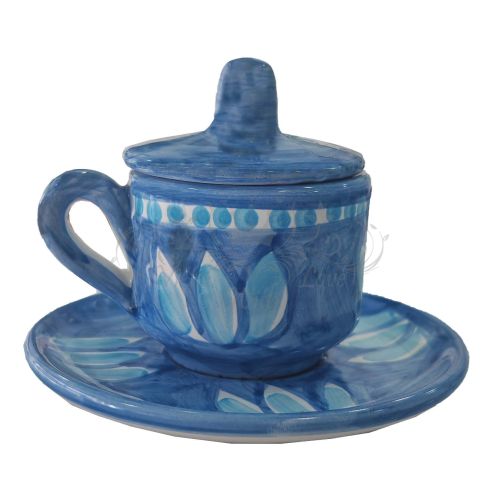Coffee cup with saucer and lid. Brushstroke Line. Vietri ceramic. Hand-painted.