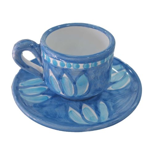 Coffee cup with saucer and lid. Brushstroke Line. Vietri ceramic. Hand-painted.