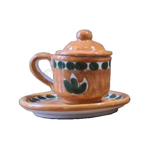 Coffee cup with saucer and lid. Brushstroke Line. Vietri ceramic. Hand-painted.