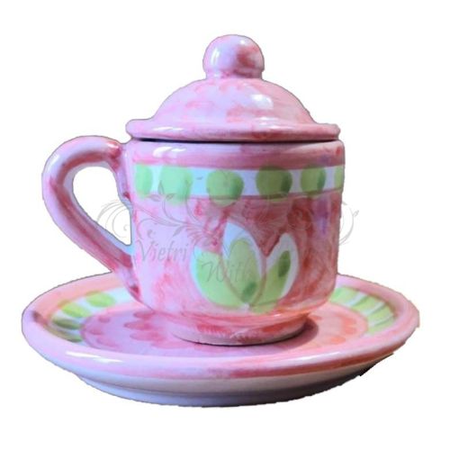 Coffee cup with saucer and lid. Brushstroke Line. Vietri ceramic. Hand-painted.