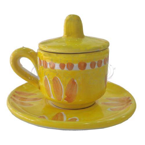 Coffee cup with saucer and lid. Brushstroke Line. Vietri ceramic. Hand-painted.