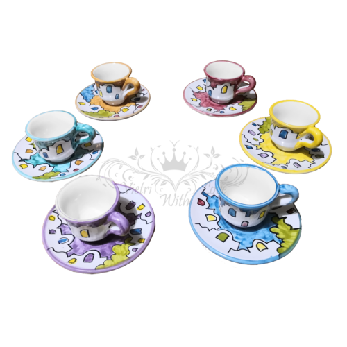 Set tasse à café et soucoupe. Ligne des Maisonnettes Positano. Céramique de Vietri. Peint à la main.