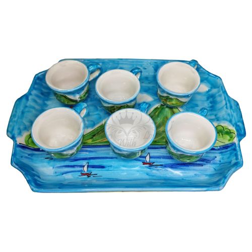 Vassoio con 6 tazzine. Linea Napoli. Ceramica di Vietri. Dipinto a mano.