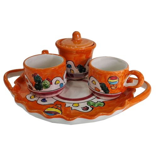 Juego de tazas con azucarero con bandeja Línea Casette. Cerámica de Vietri pintada a mano.