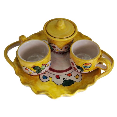 Juego de tazas con azucarero con bandeja Línea Casette. Cerámica de Vietri pintada a mano.