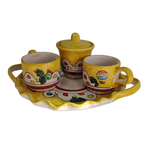 Juego de tazas con azucarero con bandeja Línea Casette. Cerámica de Vietri pintada a mano.