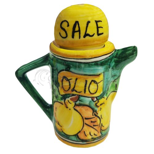 Aceitera 2-en-1 con tapa porta-sal. Línea Limones. Cerámica de Vietri. Pintada a mano.