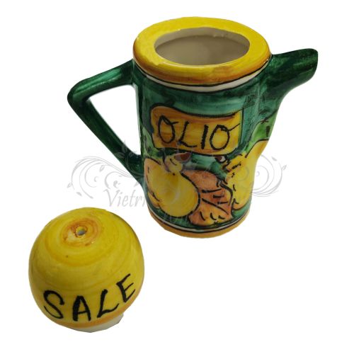 Aceitera 2-en-1 con tapa porta-sal. Línea Limones. Cerámica de Vietri. Pintada a mano.