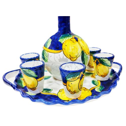 Limoncello Set. Bottle, tray and 6 glasses. Lemon Line. Hand-painted Vietri ceramic.