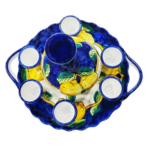 Limoncello Set. Bottle, tray and 6 glasses. Lemon Line. Hand-painted Vietri ceramic.