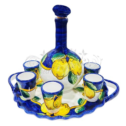 Limoncello Set. Bottle, tray and 6 glasses. Lemon Line. Hand-painted Vietri ceramic.