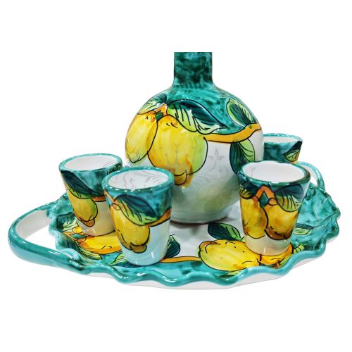 Limoncello Set. Bottle, tray and 6 glasses. Lemon Line. Hand-painted Vietri ceramic.