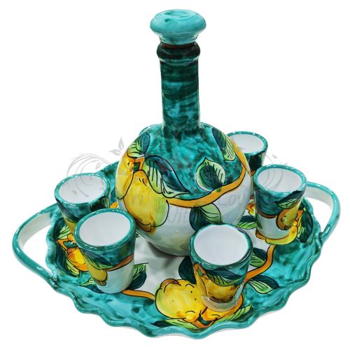 Limoncello Set. Bottle, tray and 6 glasses. Lemon Line. Hand-painted Vietri ceramic.