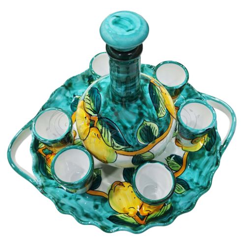 Limoncello Set. Bottle, tray and 6 glasses. Lemon Line. Hand-painted Vietri ceramic.