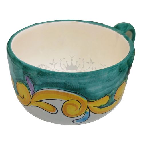 Milk cup with double saucer for biscuits, baroque line flowers . handpainted Vietri ceramic