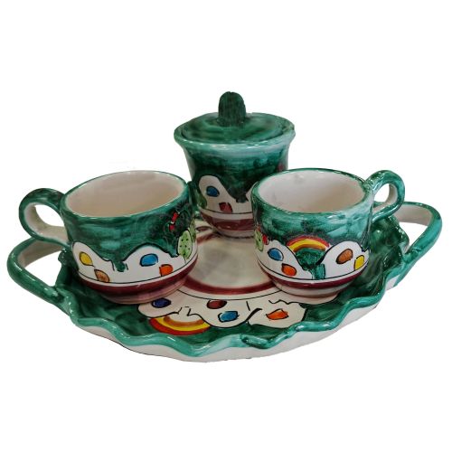 Kaffee-, Tablett- & Zuckerdosen-Set „Tet-à-Tet“ Geschenk. Linie Häuschen. Vietri Keramik. Handbemalt.