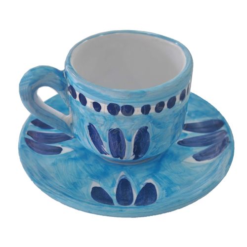 Coffee cup with saucer and lid. Brushstroke Line. Vietri ceramic. Hand-painted.