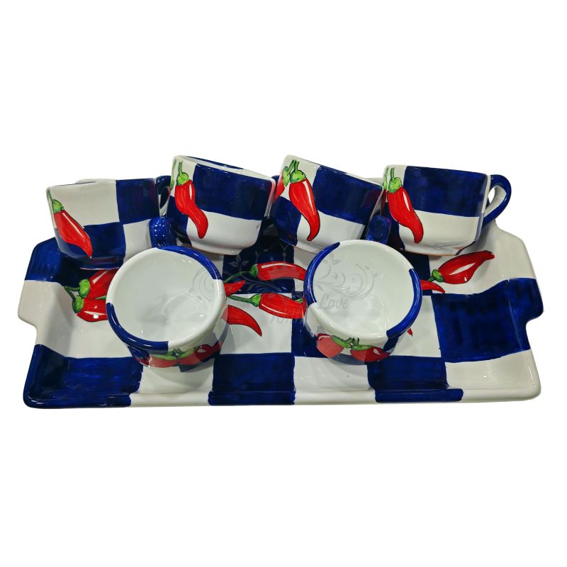 Tray with 6 coffee cups. Checks and Chili line....