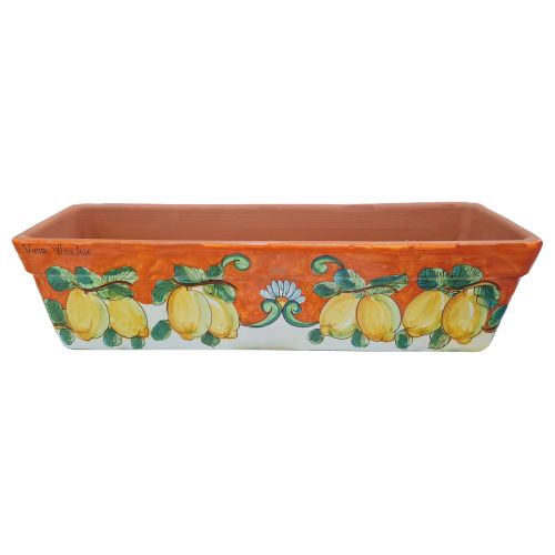 Jardinera rectangular. Fondo naranja con limones. Cerámica de Vietri. Pintada a mano.
