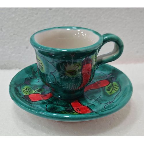 Tazzina da caffè con piattino. Linea Peperoncino. Ceramica di Vietri. Dipinto a Mano