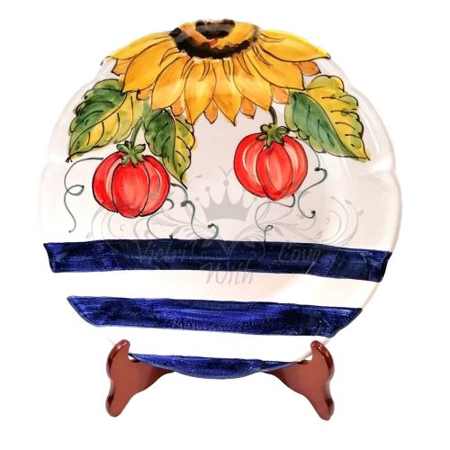 Plate. Stripes and Sunflowers design. Vietri ceramic. Hand-painted.