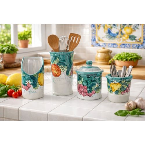 Set accessori cucina. Linea Frutta e Limoni. Ceramica di Vietri. Dipinta a mano.