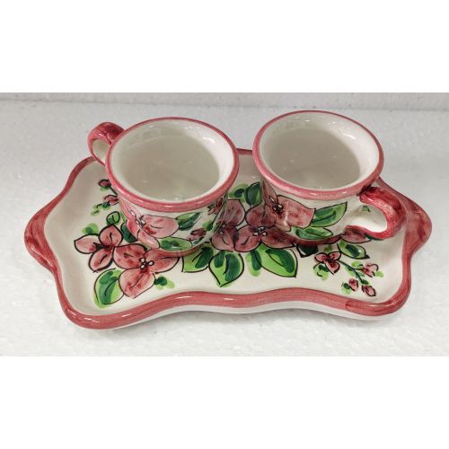 Kaffee-Tassen- und Tablett-Set „Tet-a-Tet“ Geschenk. Linie Blumen. Vietri Keramik.