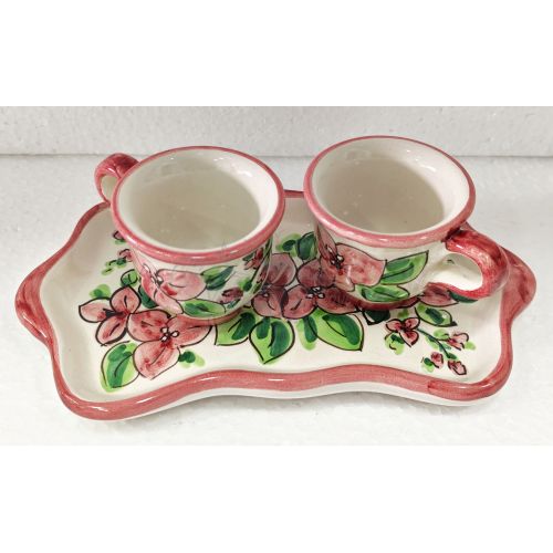 Kaffee-Tassen- und Tablett-Set „Tet-a-Tet“ Geschenk. Linie Blumen. Vietri Keramik.
