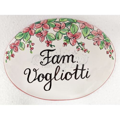 Ovales, personalisierbares Schild. Blumenlinie. Vietri-Keramik. Handbemalt.