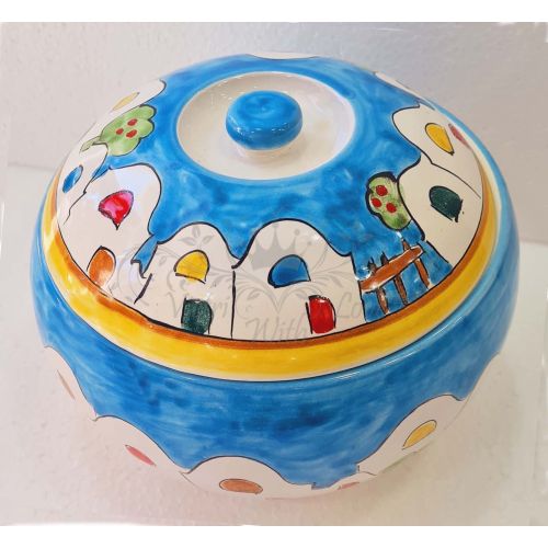 Biscuit jar Houses line. Hand-painted Vietri ceramic.