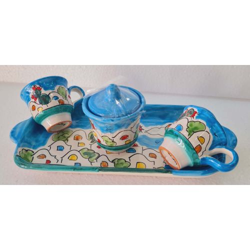 Set de tasses avec sucrier avec plateau Casette Line. Céramique Vietri peinte à la main.