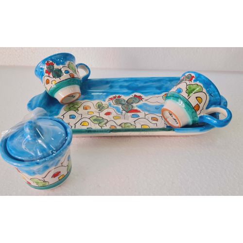 Juego de tazas con azucarero con bandeja Línea Casette. Cerámica de Vietri pintada a mano.