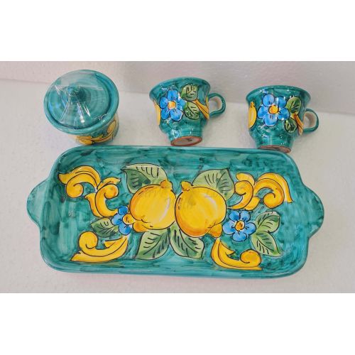 Coffee Cup, Tray & Sugar Bowl Set “Tet-à-Tet” Favor. Baroque & Lemons line. Vietri Ceramics. Hand Painted.
