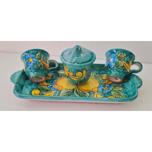Kaffee-, Tablett- & Zuckerdosen-Set „Tet-à-Tet“ Geschenk. Linie Barock & Zitronen. Vietri Keramik. Handbemalt.
