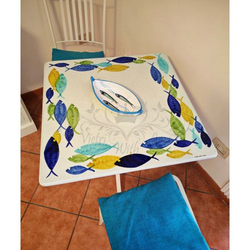 Table. Ceramicized lava stone table. Circular Fish design. Hand-painted. Vietri ceramic.