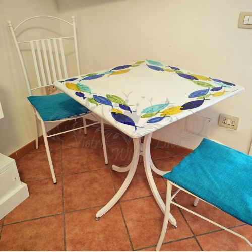 Table. Ceramicized lava stone table. Circular Fish design. Hand-painted. Vietri ceramic.