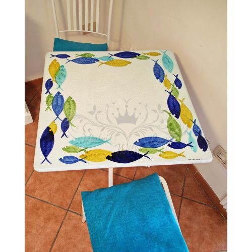 Table. Ceramicized lava stone table. Circular Fish design. Hand-painted. Vietri ceramic.